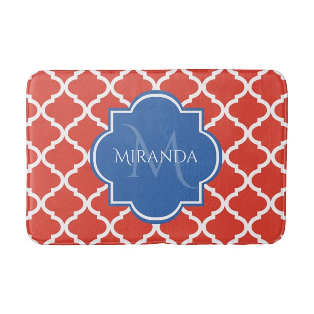 Trendy Red Quatrefolie Blue Monogram und Name Badematte (Vorderseite)