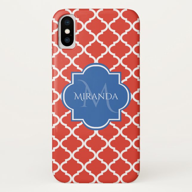 Trendy Red Quatrefolie Blue Monogram und Name Case-Mate iPhone Hülle (Rückseite)