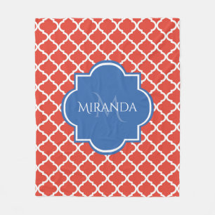 Trendy Red Quatrefolie Blue Monogram und Name Fleecedecke