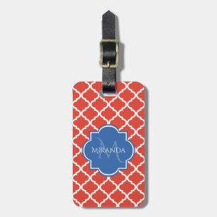 Trendy Red Quatrefolie Blue Monogram und Name Gepäckanhänger