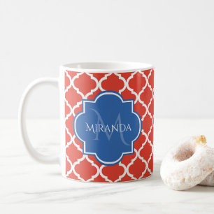 Trendy Red Quatrefolie Blue Monogram und Name Kaffeetasse