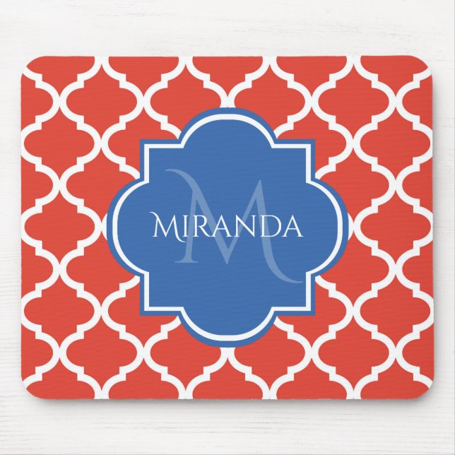 Trendy Red Quatrefolie Blue Monogram und Name Mousepad (Vorne)