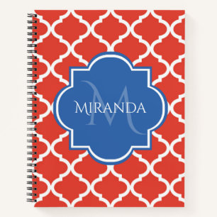 Trendy Red Quatrefolie Blue Monogram und Name Notizbuch