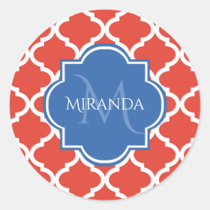 Trendy Red Quatrefolie Blue Monogram und Name Runder Aufkleber