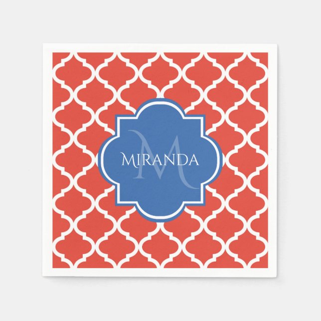 Trendy Red Quatrefolie Blue Monogram und Name Serviette (Vorderseite)