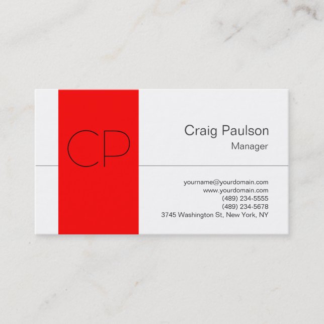 Trendy Red Strip White Monogram Business Card Visitenkarte (Vorderseite)