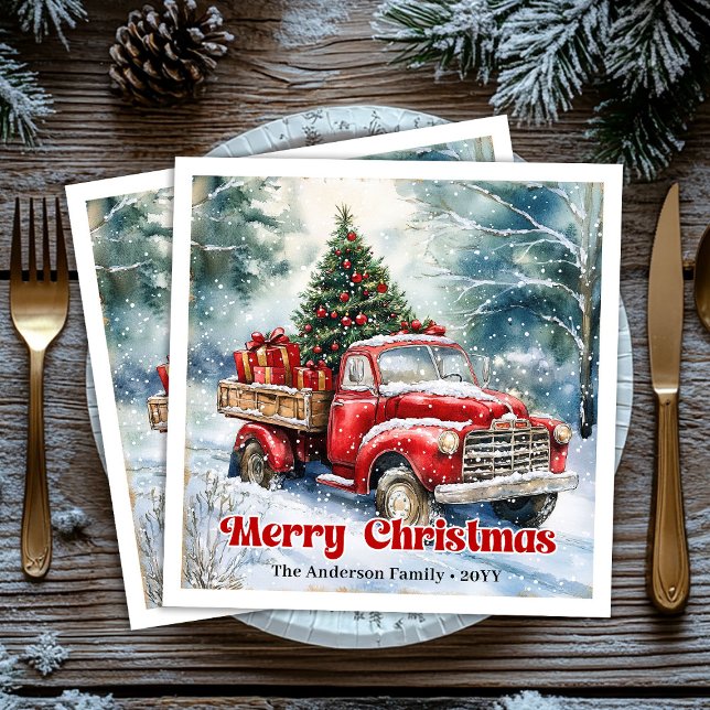 Trendy red truck Christmas scene rustic table  Serviette (Trendy red truck Christmas scene rustic table Paper Dinner Napkins)