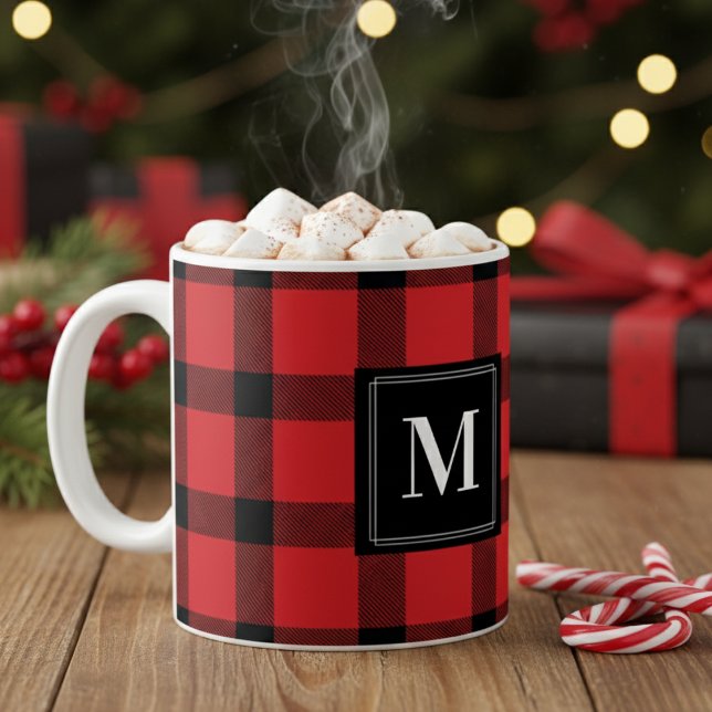 Trendy Red und Black Buffalo Kariert Mit Monogramm Kaffeetasse (Trendy Red & Black Buffalo Plaid Monogrammed Coffee Mug - Just Add Your Personal Monogram or Initial)