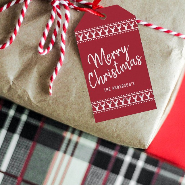Trendy Red & White Deer Typografy Frohe Weihnachte Geschenkanhänger (Von Creator hochgeladen)