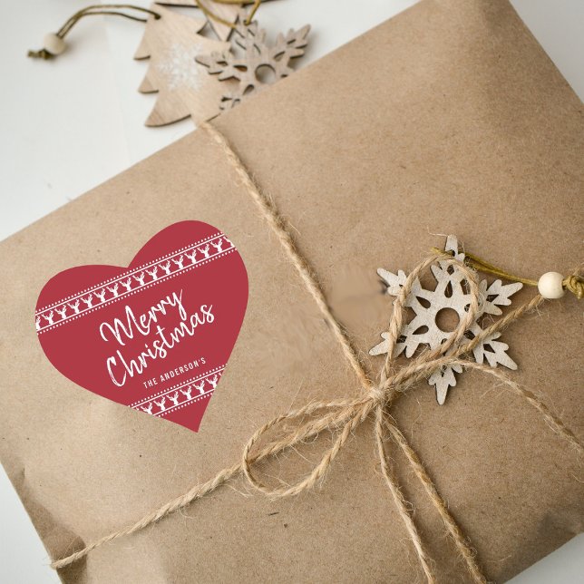 Trendy Red & White Deer Typografy Frohe Weihnachte Herz-Aufkleber (Von Creator hochgeladen)