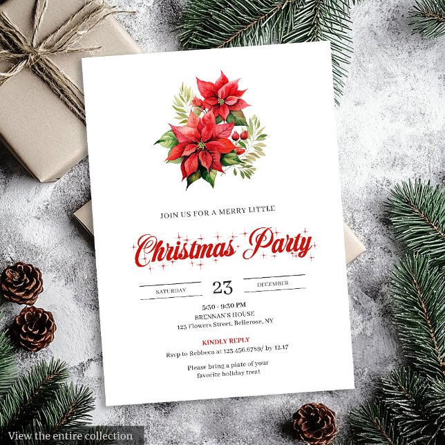 Trendy Red White Poinsettia Holiday Party Invites Einladung (Trendy Red White Poinsettia Holiday Party Invitation)