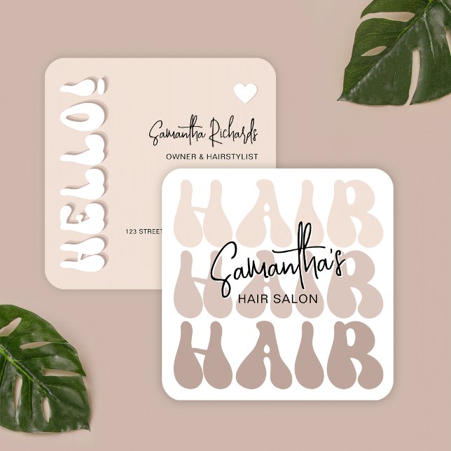 Trendy Retro Beige Hair Stylist Salon Chic Modern Quadratische Visitenkarte (Retro beige and white hair business cards, a trendy and chic design that is sure to impress)