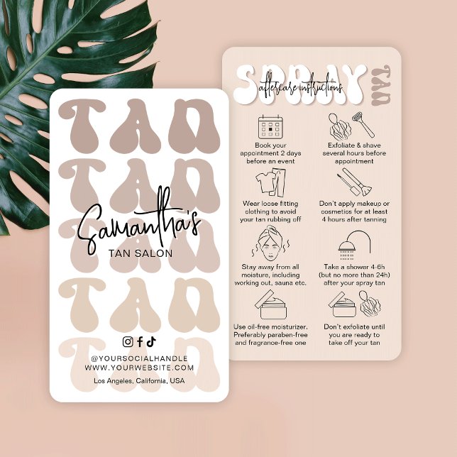 Trendy Retro Beige Spray Tan Aftercare Tanning Visitenkarte (Trendy spray tan after care instructions cards in beige and white with retro fonts & care icons)