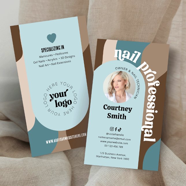 Trendy Retro Blue & Taupe Nail Kunstmuseum Visitenkarte (Trendy nail professional business cards with custom photo and your logo)