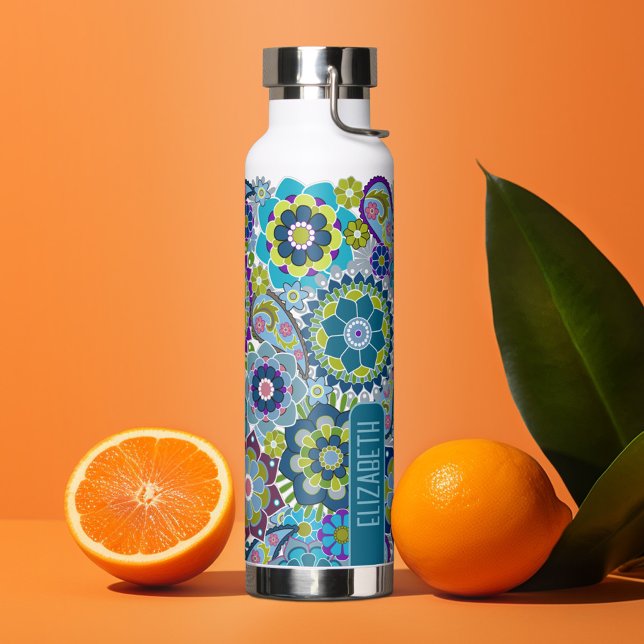 Trendy Retro Floral Pattern mit Namen - blau grün Trinkflasche (Personalized water bottle with custom text - funky flowers)