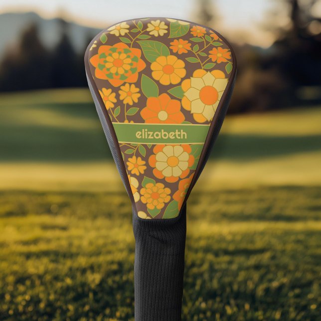 Trendy Retro Floral Pattern mit Namensblock Golf Headcover (Personalized Golf Head Cover)