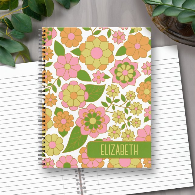 Trendy Retro Floral Pattern mit Namensblock Notizbuch (Personalized Notebook with Custom Text)