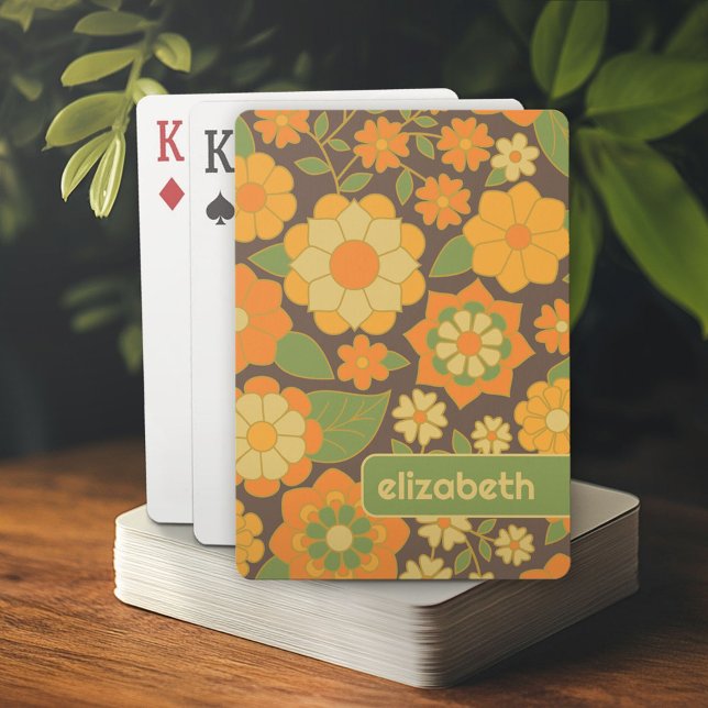 Trendy Retro Floral Pattern mit Namensblock Spielkarten (Personalized playing cards)