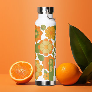 Trendy Retro Floral Pattern mit Namensblock Trinkflasche