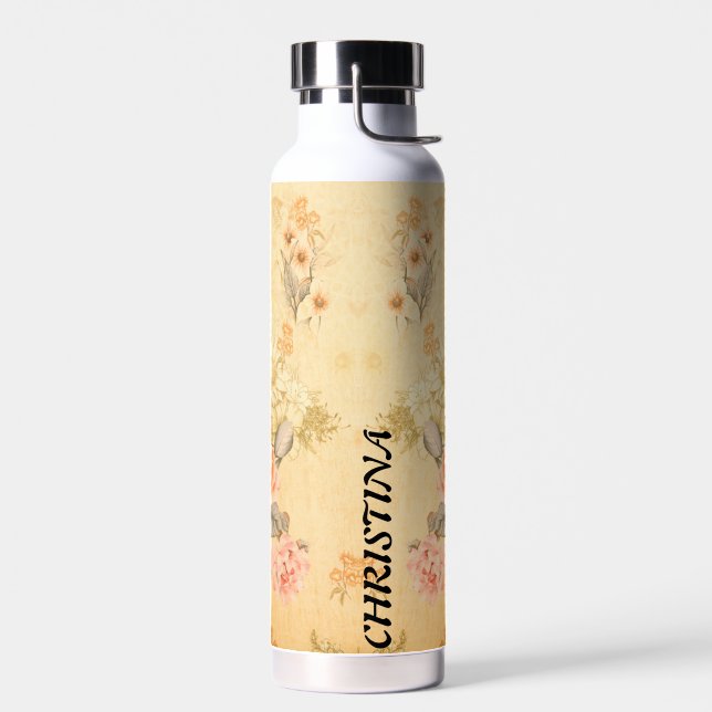 Trendy Retro Floral Pattern mit Namensblock Trinkflasche (Links)