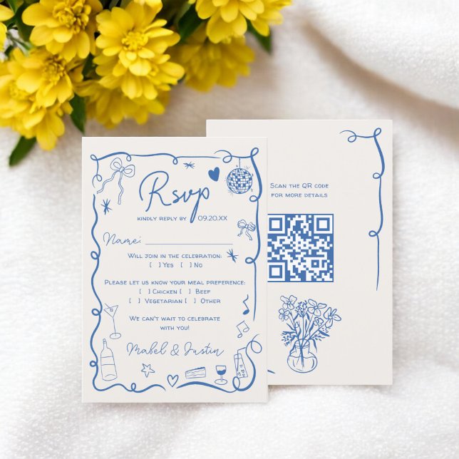 Trendy Retro Französisch blaue illustrierte Hochze RSVP Karte (Trendy retro French blue illustrated wedding QR RSVP Card)