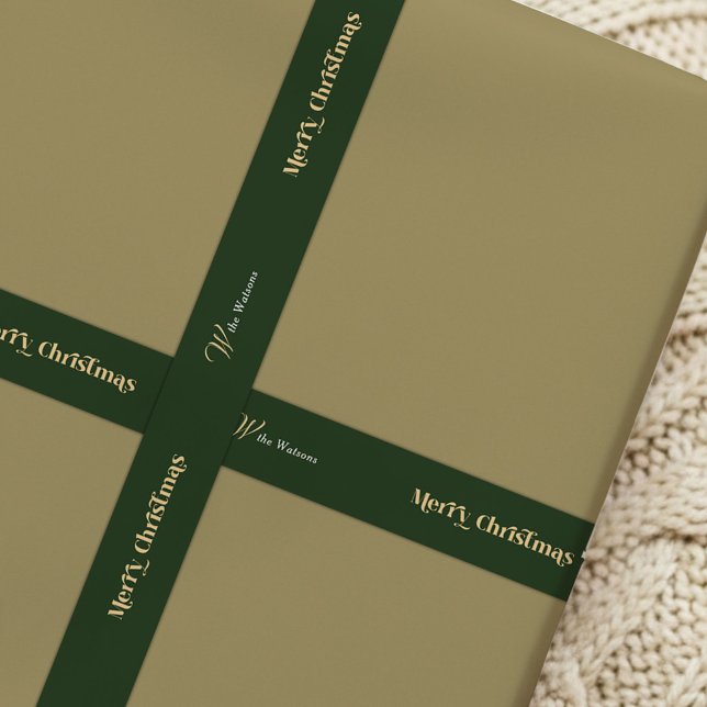 Trendy Retro Frohe Weihnachten Individuelle Name G Satinband (Retro style Merry Christmas green and beige satin ribbon with your custom name)