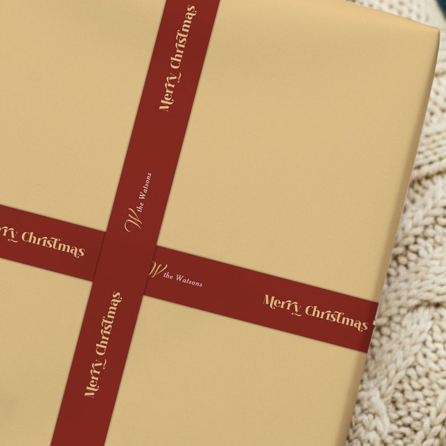 Trendy Retro Frohe Weihnachten Individuelle Name R Satinband (Retro style Merry Christmas red and beige satin ribbon with your custom name)