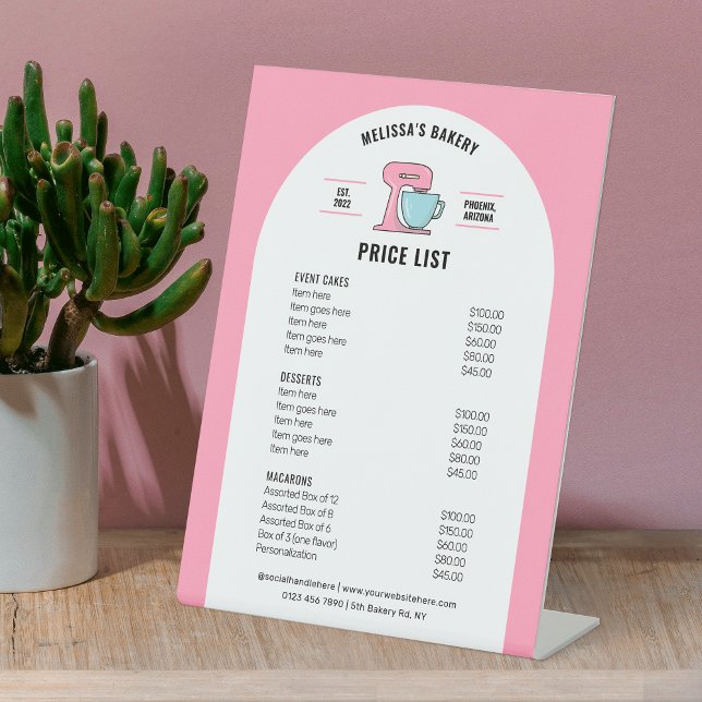 Trendy Retro Giro Pink Nachspeisen Bäckerei Preisl Sockelschild (Girly blush pink and white bakery price list menu table top sign with fully editable text & colors)