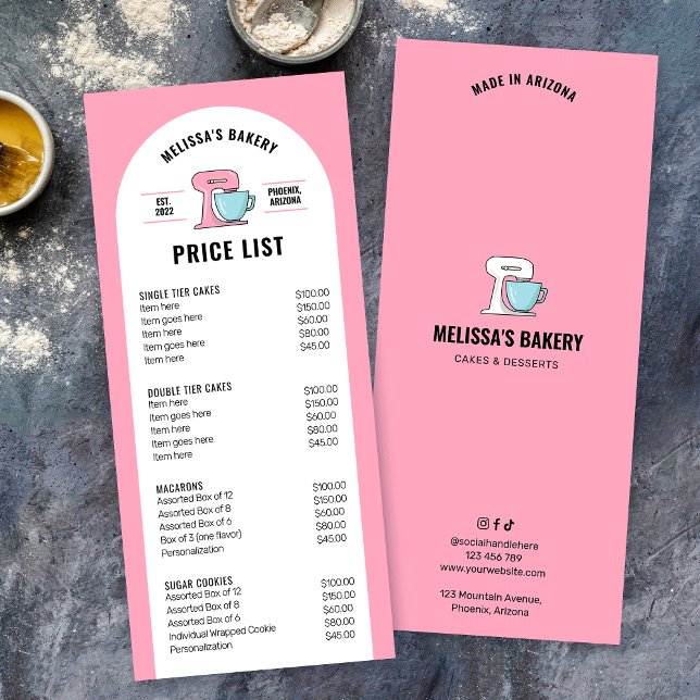 Trendy Retro Giro Pink Nachspeisen Bäckerei Preisl Werbekarte (Girly pink bakery price list menu design with mixer clipart, trendy fonts and arch background)