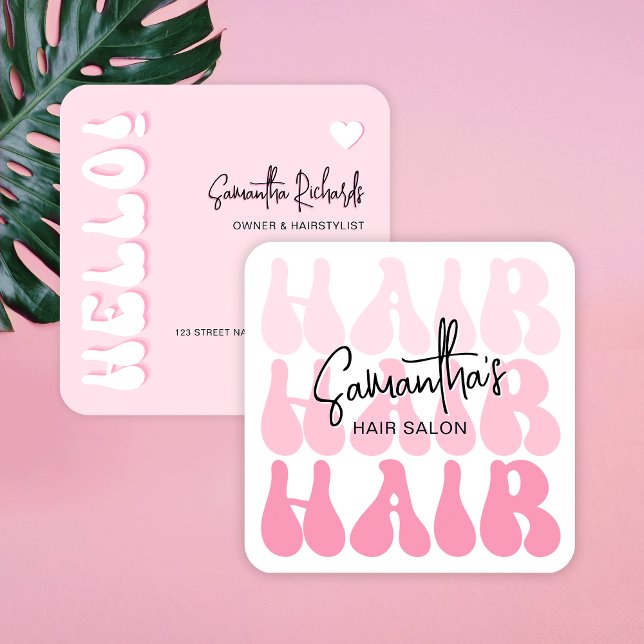Trendy Retro Pink Hair Stylist Salon Chic Modern Quadratische Visitenkarte (Trendy hair stylist business cards with retro fonts and modern pink aesthetic)