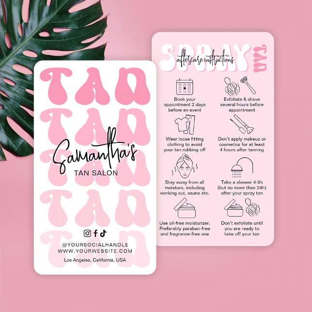 Trendy Retro Pink Spray Tan Care Instruktionen Visitenkarte (Embrace the retro charm with these pink aesthetic tanning salon after care cards with care icons)