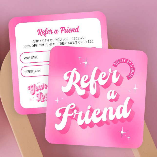 Trendy Retro Pink Verleih einen Freund Lash Salon  Empfehlungskarte (Groovy Refer a Friend business cards in girly pink colors, featuring retro fonts and your logo)