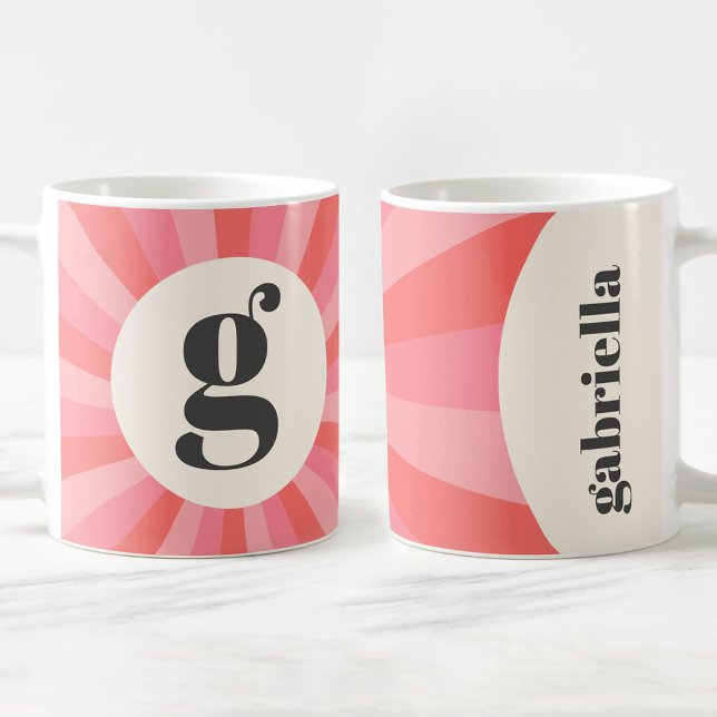 Trendy Retro-Sonnenburg minimale monogramm rosa Cr Kaffeetasse (Trendy retro sunburst minimal monogram pink cream coffee mug)