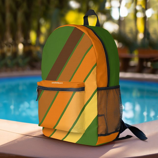 Trendy Retro Stripes 4 Foto Collage - Avocado Bedruckter Rucksack (Personalized Backpack with Retro Stripes and Custom Name)