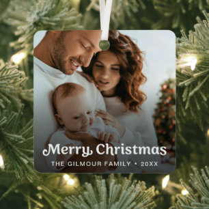 Trendy Retro Typografy Family Foto Weihnachten Ornament Aus Metall