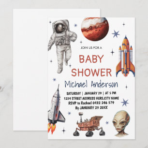 Trendy Rocket Ship Space Galaxy Alien Baby Shower Einladung