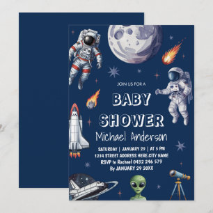 Trendy Rocket Ship Space Galaxy Alien Baby Shower Einladung