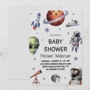 Trendy Rocket Ship Space Galaxy Alien Baby Shower Einladung
