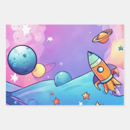 Trendy Rocketship Wrapping Paper Flat Sheet 3 Geschenkpapier Set