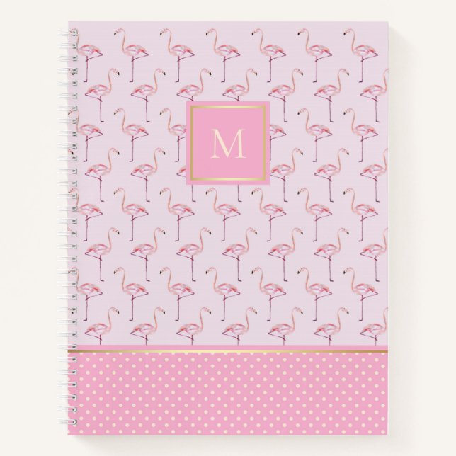 Trendy rosa Flamingos und Punkte mit Monogramm Notizbuch (Vorderseite)