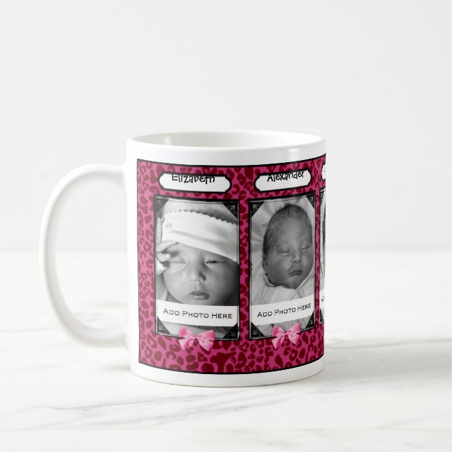Trendy rosa Leopard-Baby-Foto und Name Kaffeetasse (Links)
