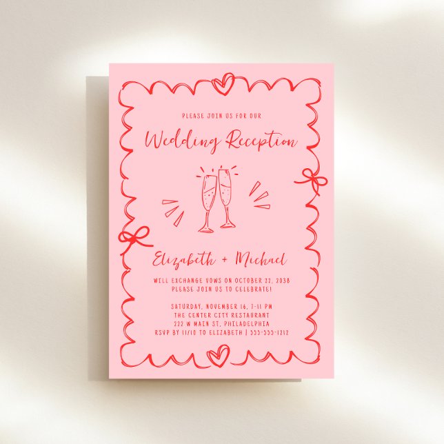 Trendy Rosa Rosa Wavy Rahmen Hochzeitsempfang Einladung (Whimsical pink + red wedding reception invitation to set the tone for an unforgettable event)
