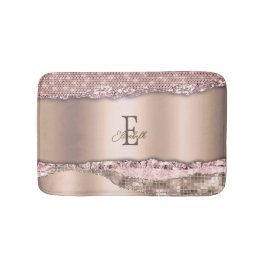 Trendy Rose Gold Diamonds Glitzer Monogram Badematte