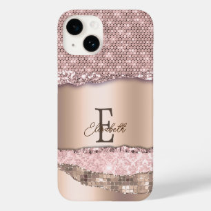 Trendy Rose Gold Diamonds Glitzer Monogram Case-Mate iPhone 14 Hülle