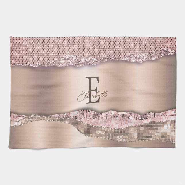 Trendy Rose Gold Diamonds Glitzer Monogram Geschirrtuch (Horizontal)