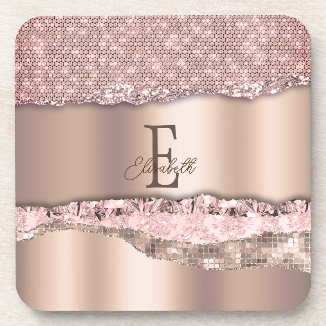 Trendy Rose Gold Diamonds Glitzer Monogram Getränkeuntersetzer (Vorderseite)