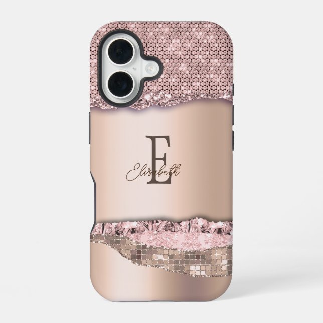 Trendy Rose Gold Diamonds Glitzer Monogram iPhone 16 Hülle (Rückseite)
