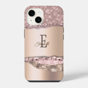 Trendy Rose Gold Diamonds Glitzer Monogram iPhone 14 Hülle