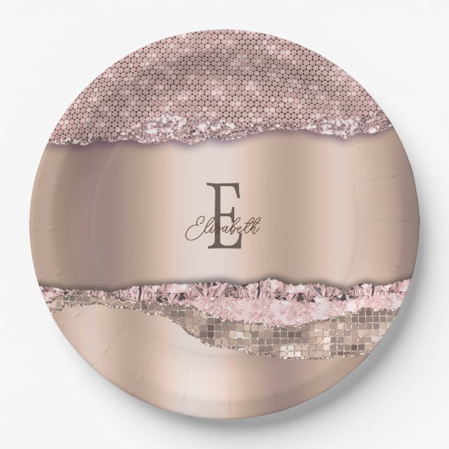 Trendy Rose Gold Diamonds Glitzer Monogram Pappteller (Vorderseite)