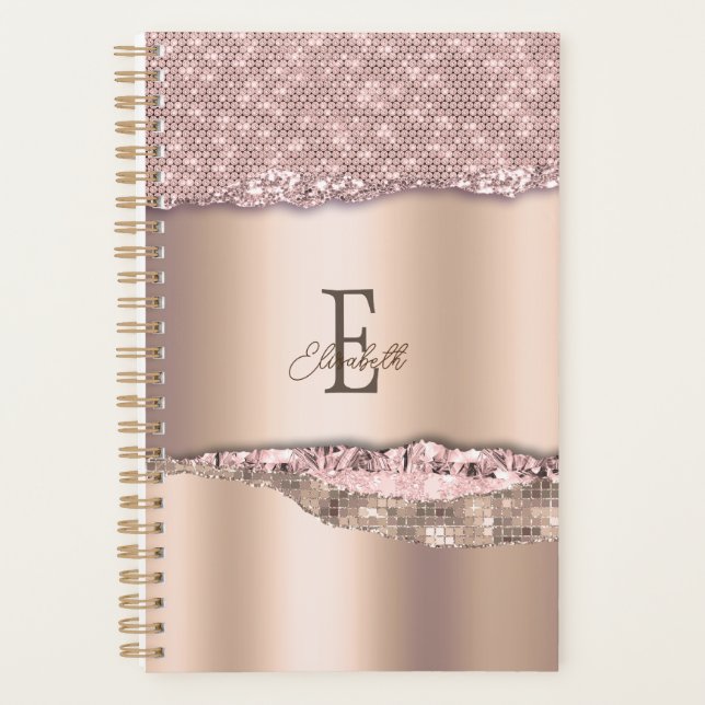 Trendy Rose Gold Diamonds Glitzer Monogram Planer (Vorderseite)